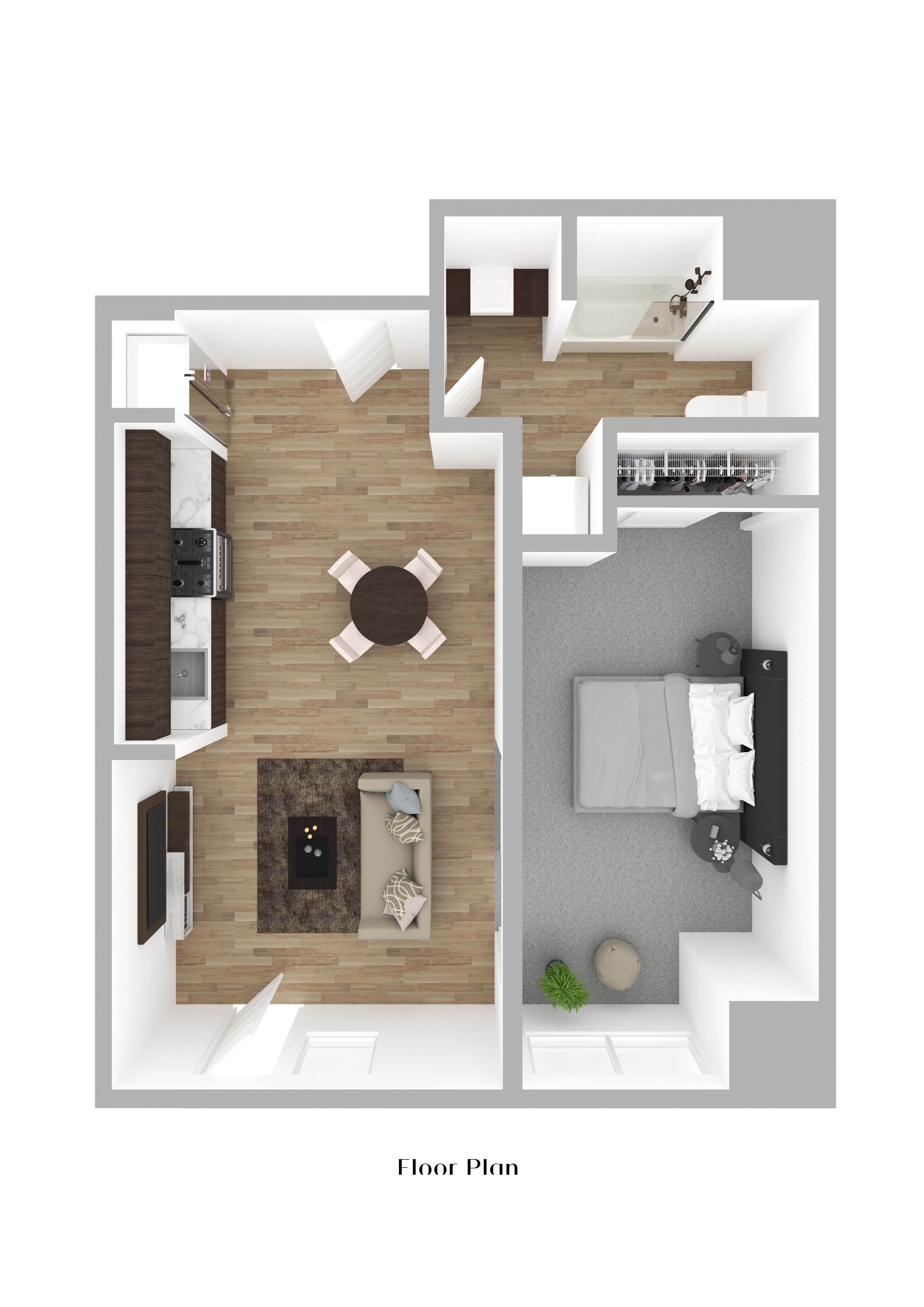 Floor plan for 1 bed, 1 bath, 724 sqft